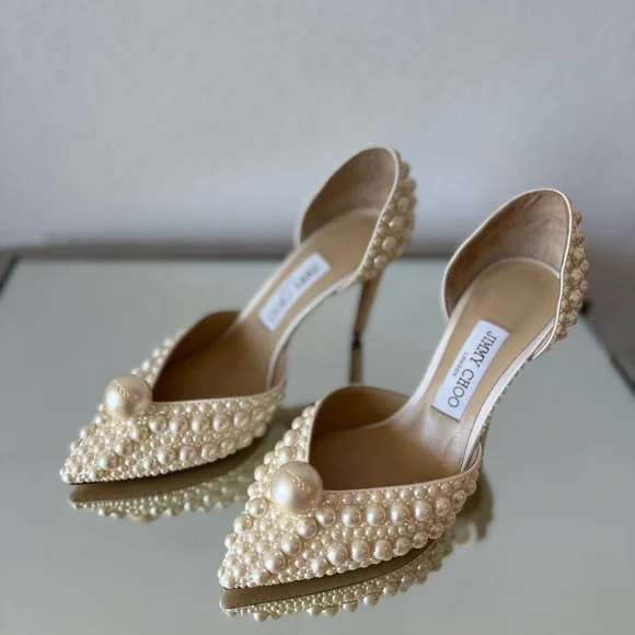 New JIMMY CHOO Sabine 85 faux pearl-embellished satin pumps 38 $1,895 - Picture 12 of 17